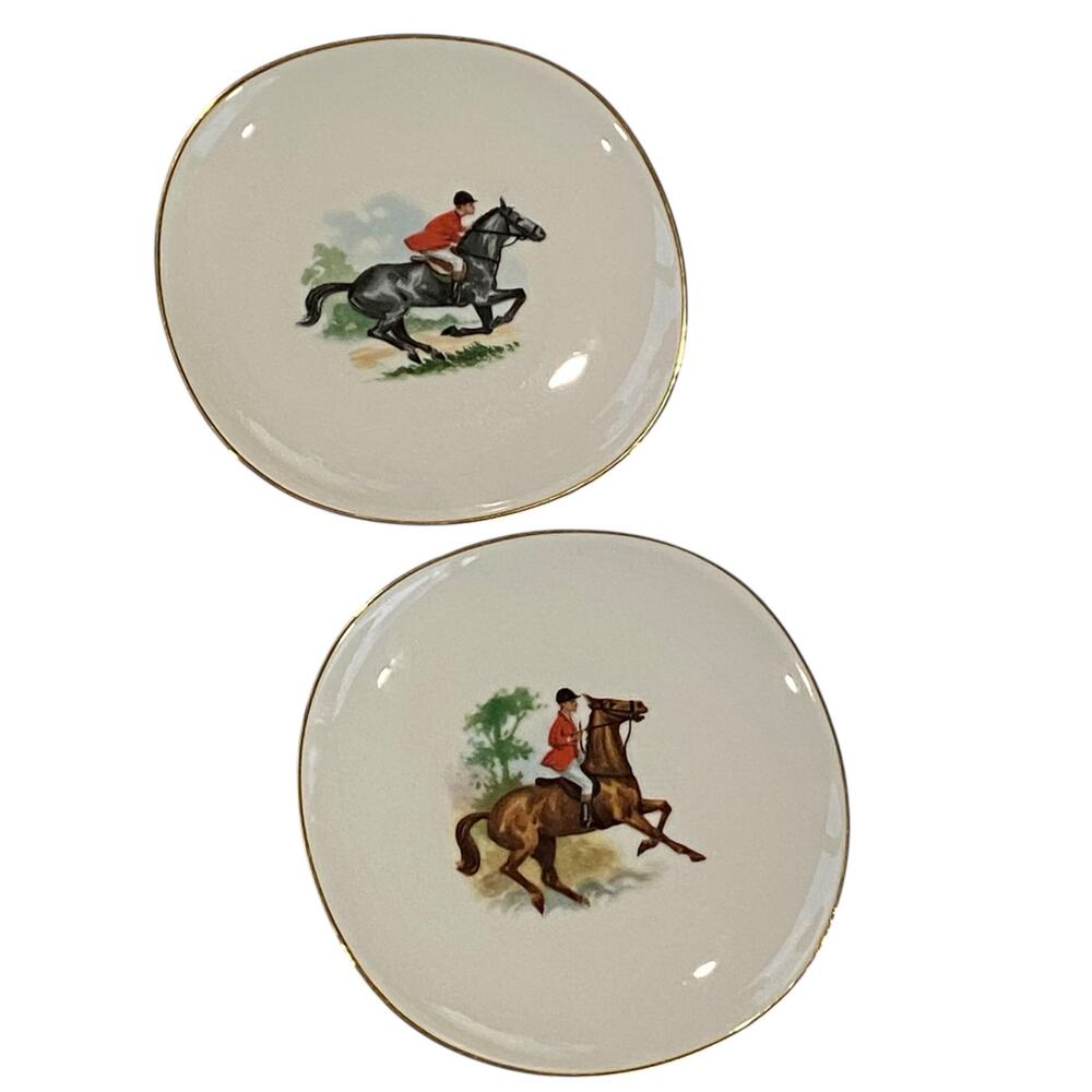 Set of 2 - Vintage porcelain collectibles trinket plates Equestrian Series 02878